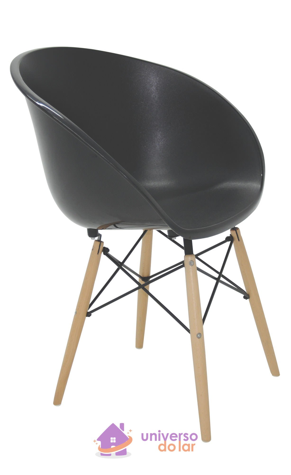Cadeira Elena Preta em Polipropileno com Base 3D em Aço Cromado e Madeira