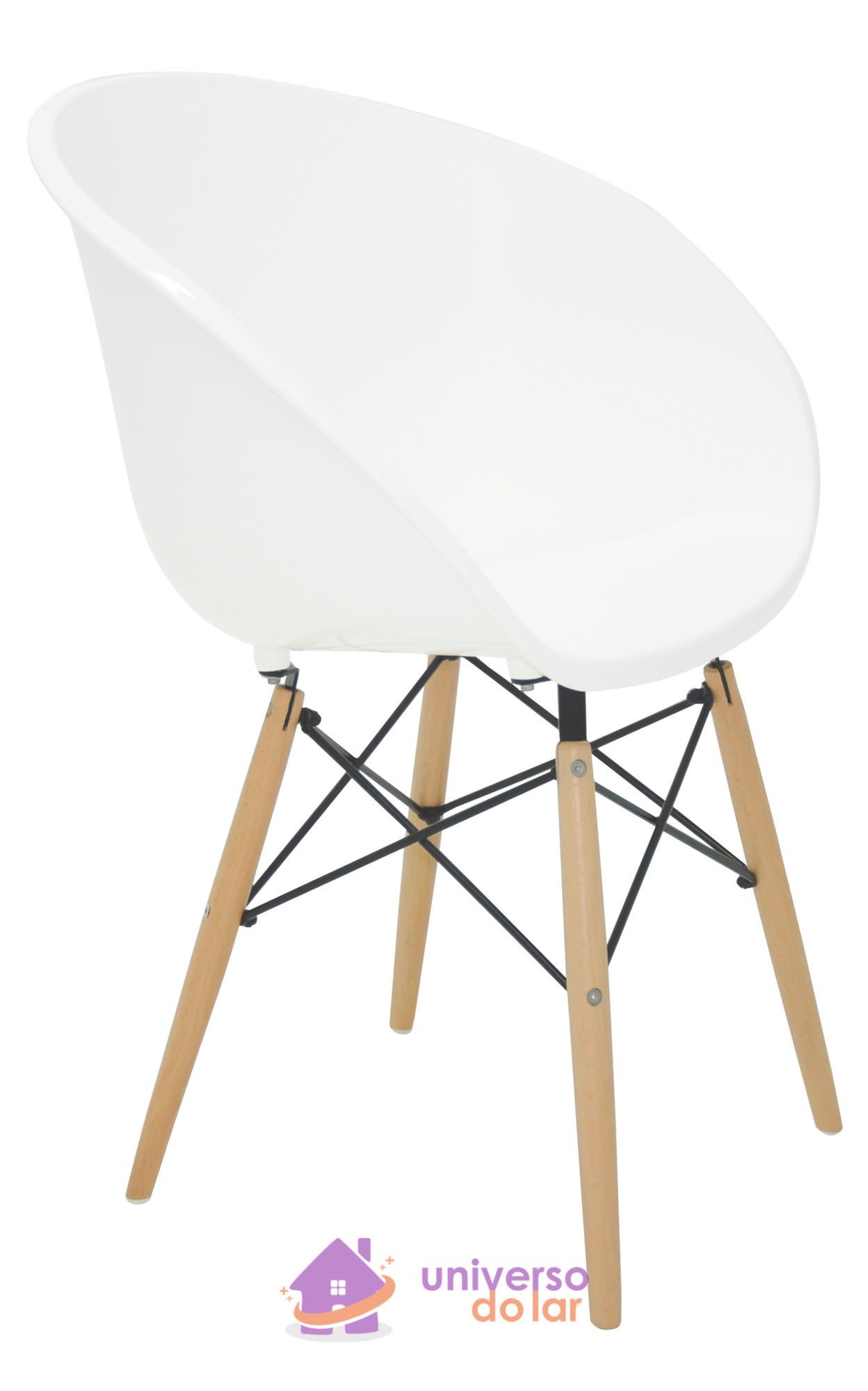 Cadeira Elena Branca em Polipropileno com Base 3D em Aço Cromado e Madeira