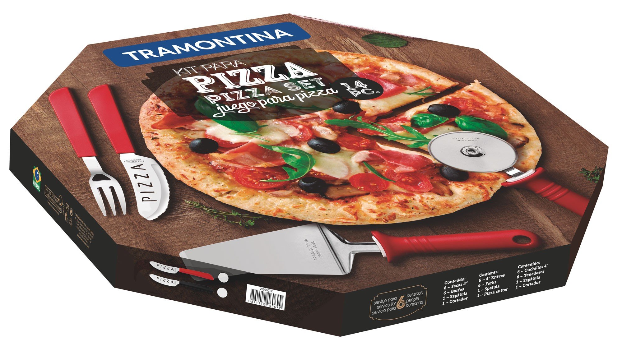 Kit para Pizza com Lâminas em Aço Inox e Cabos de Polipropileno Vermelho 14 Peças